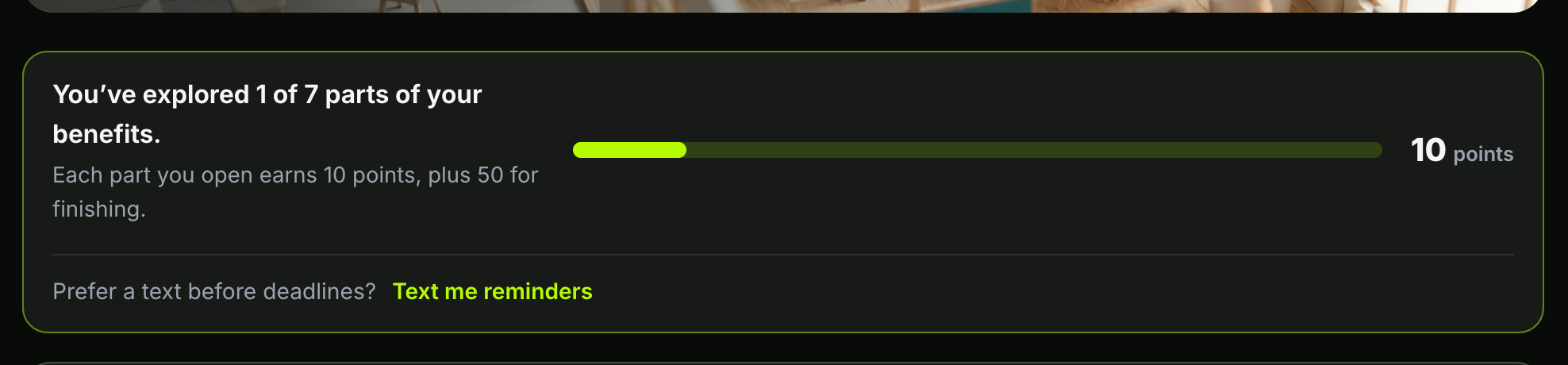 The Benefits tab of the Zipplee employee hub, showing the line: Prefer a text before deadlines? Text me reminders