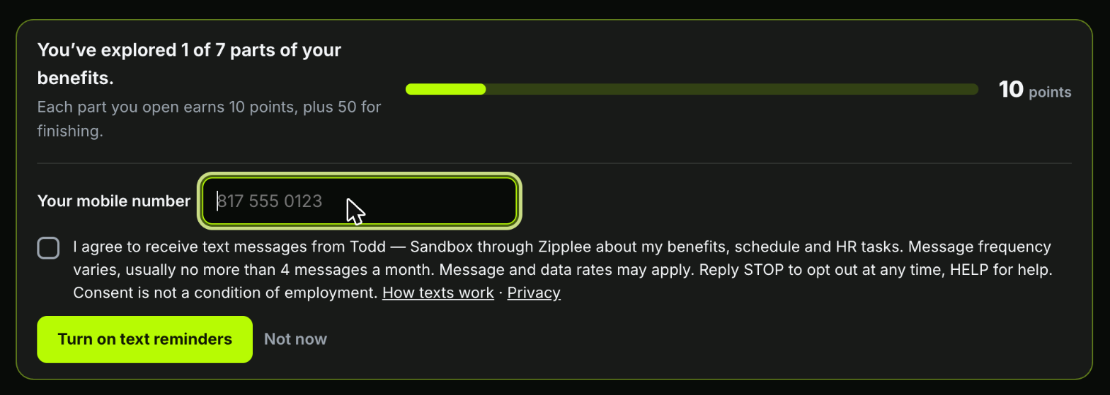 The opt-in form: a mobile number field, an unticked box with the consent words, and the Turn on text reminders button